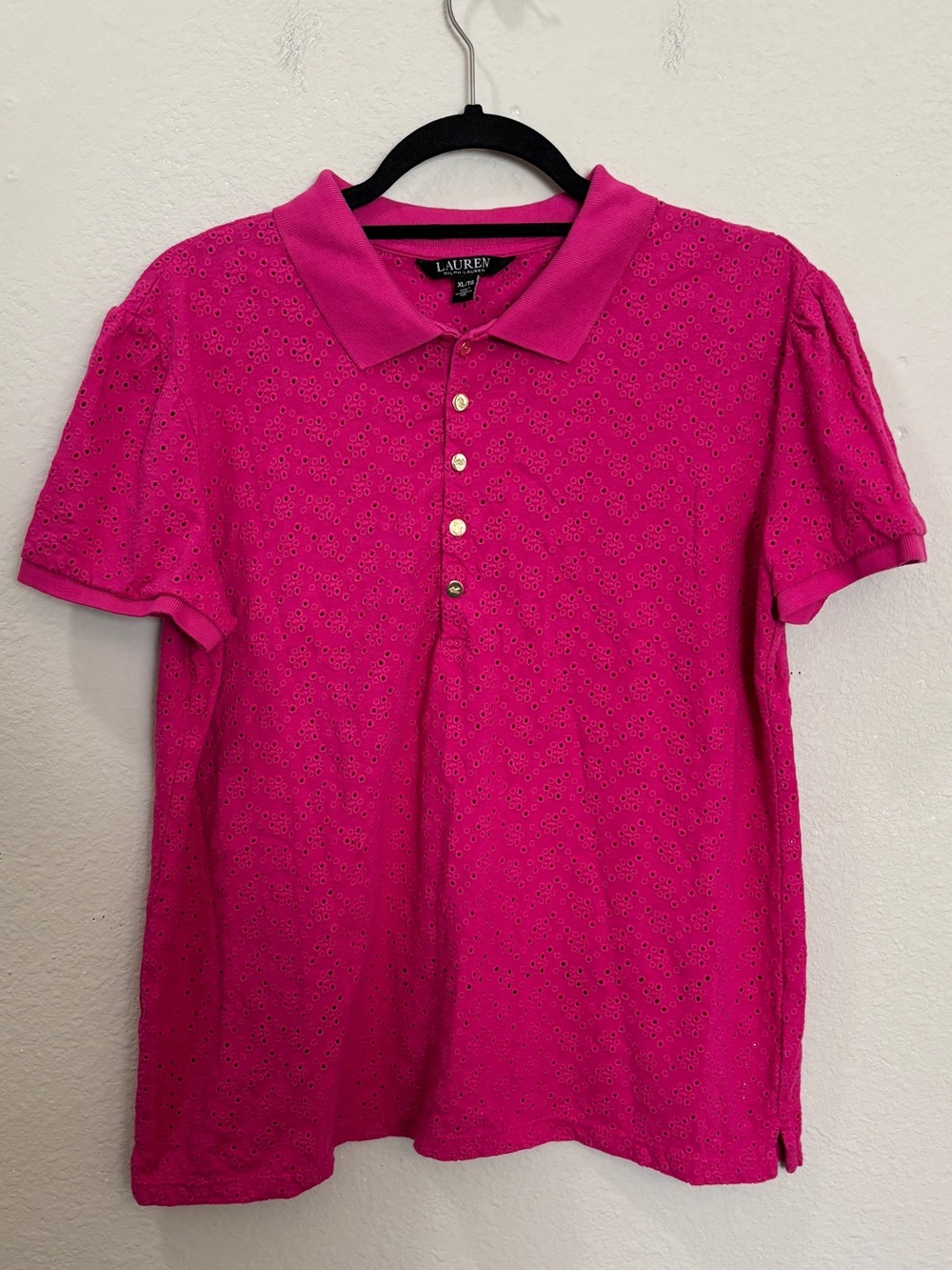 Lauren Ralph Lauren Pink Eyelet Cotton Short Sleeve Polo Shirt Size XL